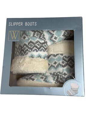 Wayland Square Slipper Boots Womens Size 7-8 Blue Fair Isle Faux Fur Cozy